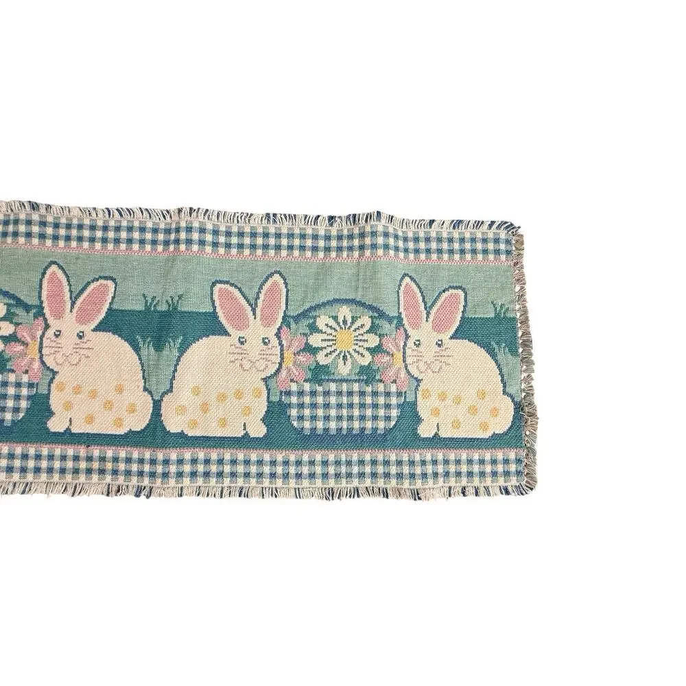 Table Runner Cotton Tapestry Bunny Rabbit Easter Decor Spring Fringed Edge